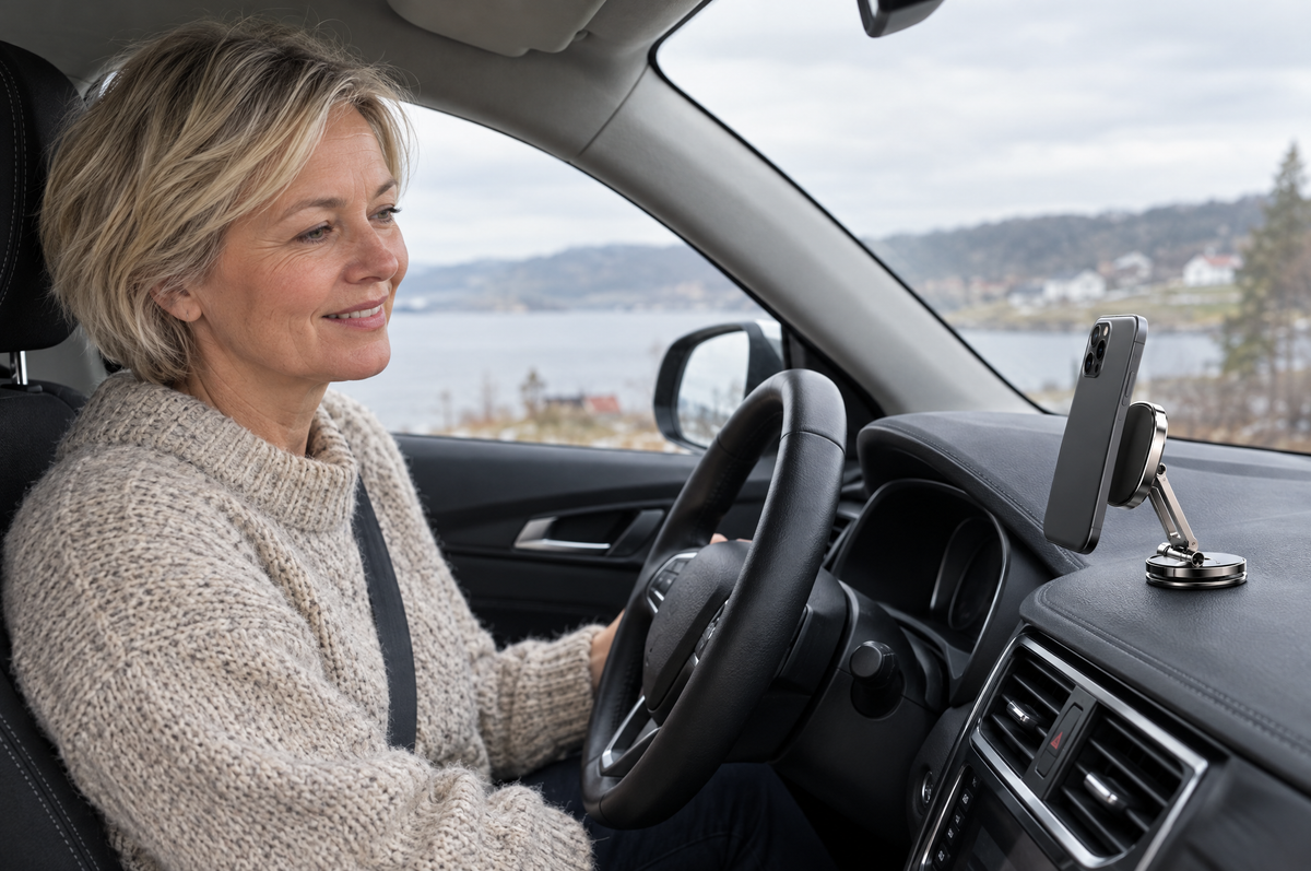 En kvinna i bilen med telefonen i Nuvio-hållaren